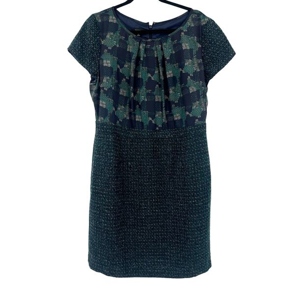 TALBOTS Tweed Dress Sz 16P Blue Green Dark Academia Mixed Media Metallic Preppy - Picture 1 of 13